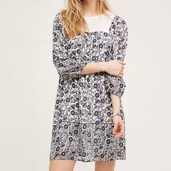 ONE SEPTEMBER x ANTHROPOLOGIE | Coquille Peasant Dress White Navy | Size Large - Picture 1 of 11